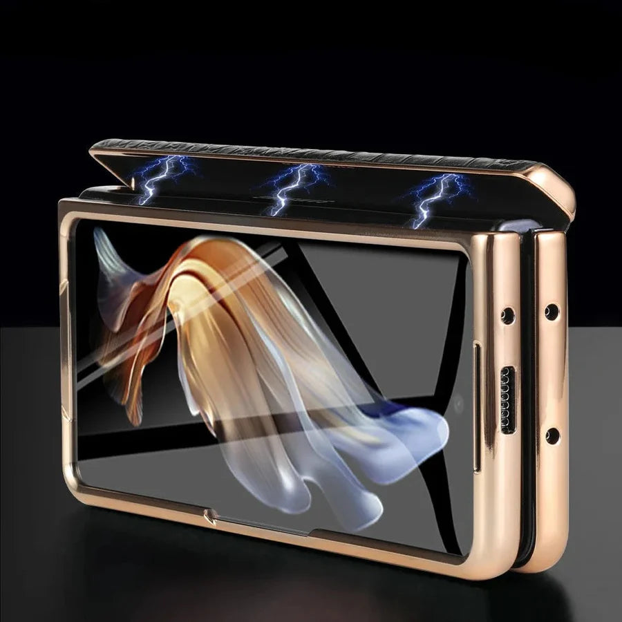 Galaxy Z Fold Series - Luxury Crocodile Leather Case with Gold Stand