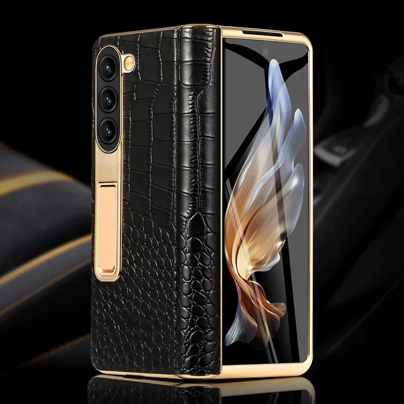 Galaxy Z Fold Series - Luxury Crocodile Leather Case with Gold Stand
