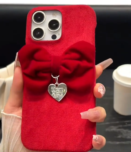 Luxury Velvet Texture Case with 3D Bow & Charm
