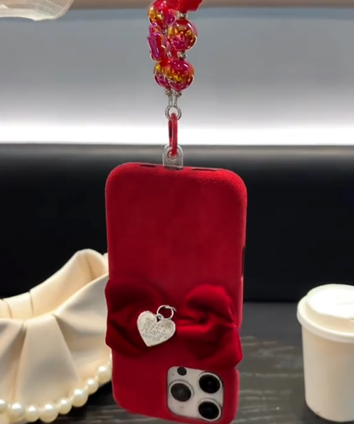 Luxury Velvet Texture Case with 3D Bow & Charm