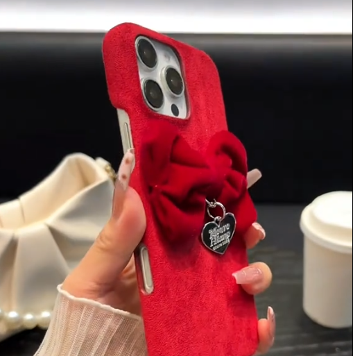 Luxury Velvet Texture Case with 3D Bow & Charm