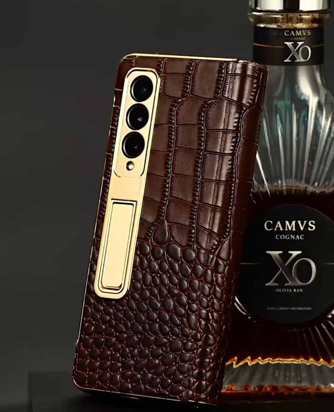 Galaxy Z Fold Series - Luxury Crocodile Leather Case with Gold Stand
