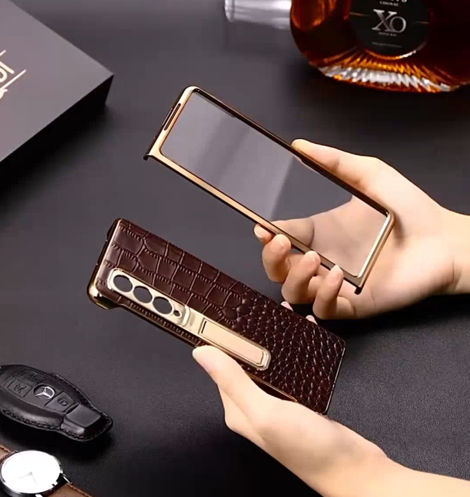 Galaxy Z Fold Series - Luxury Crocodile Leather Case with Gold Stand