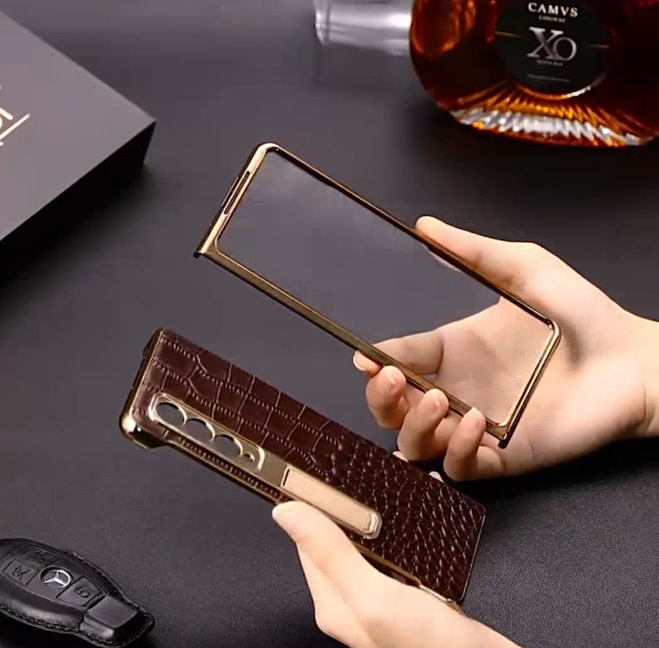 Galaxy Z Fold Series - Luxury Crocodile Leather Case with Gold Stand