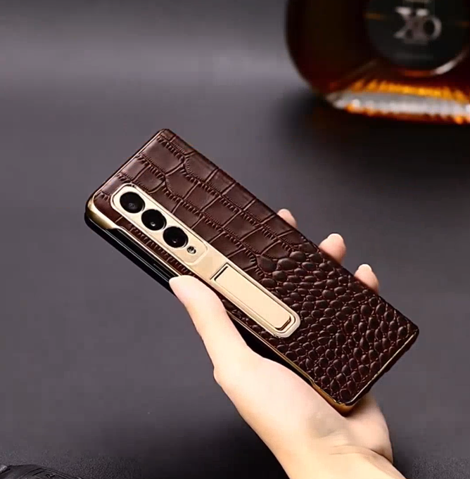 Galaxy Z Fold Series - Luxury Crocodile Leather Case with Gold Stand