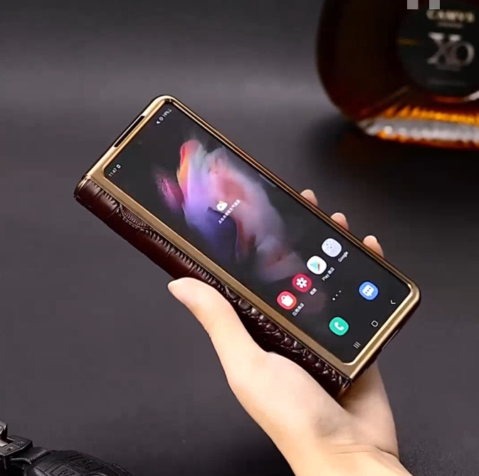 Galaxy Z Fold Series - Luxury Crocodile Leather Case with Gold Stand
