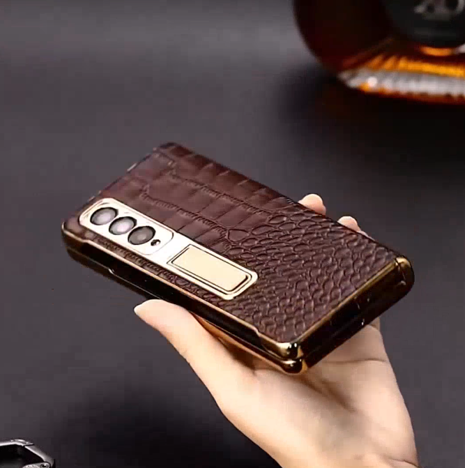 Galaxy Z Fold Series - Luxury Crocodile Leather Case with Gold Stand