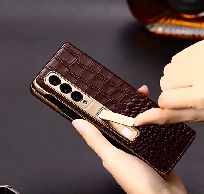 Galaxy Z Fold Series - Luxury Crocodile Leather Case with Gold Stand