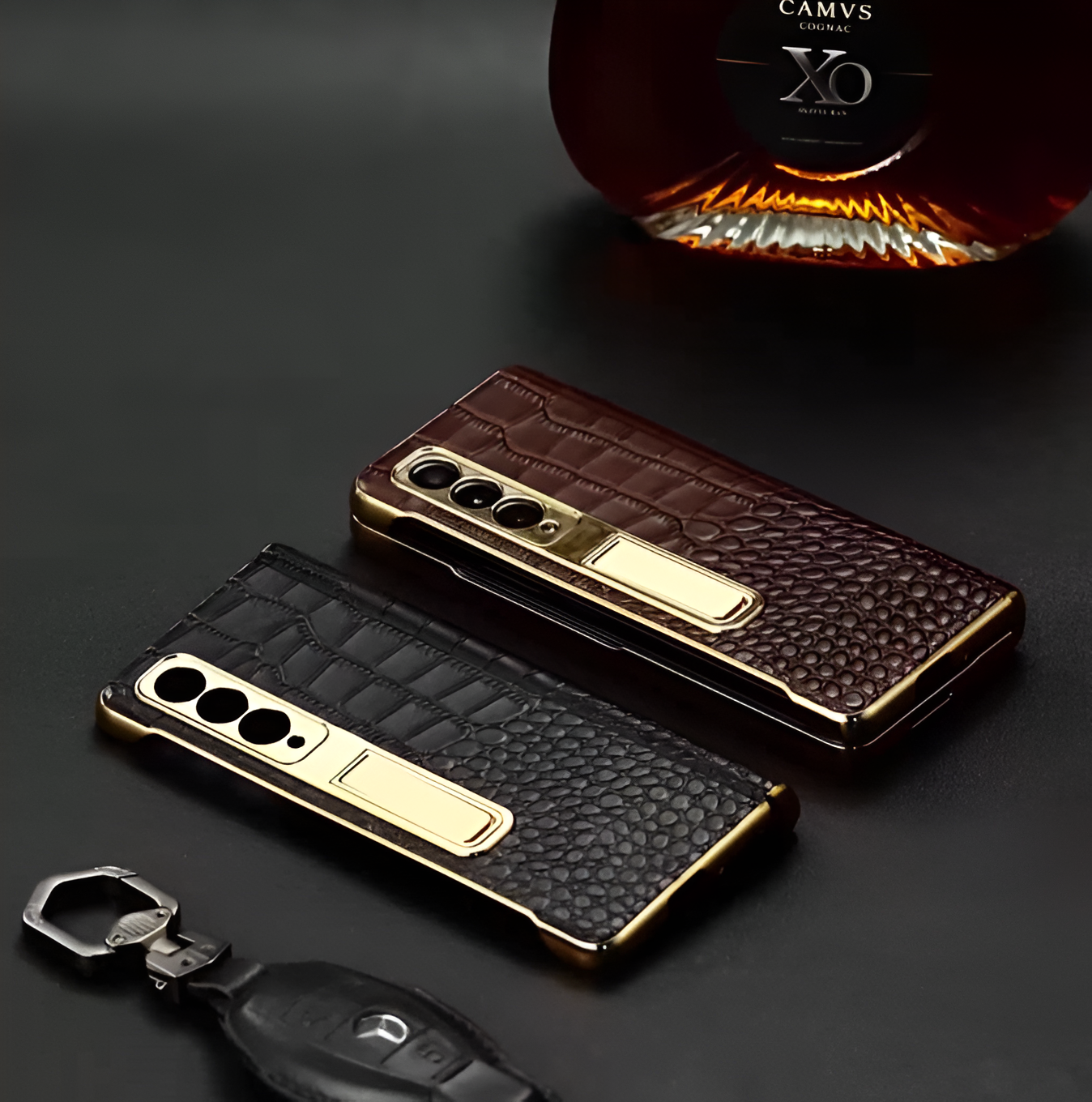 Galaxy Z Fold Series - Luxury Crocodile Leather Case with Gold Stand