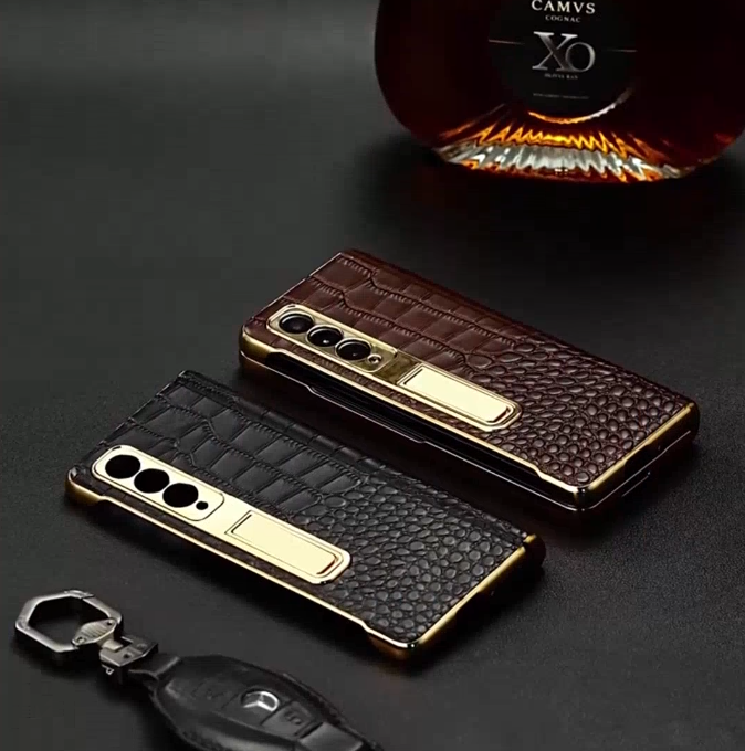Galaxy Z Fold Series - Luxury Crocodile Leather Case with Gold Stand