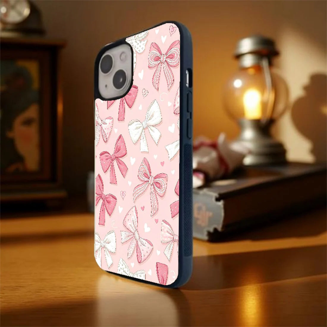 Pink and White Ribbon Bow Glass Case